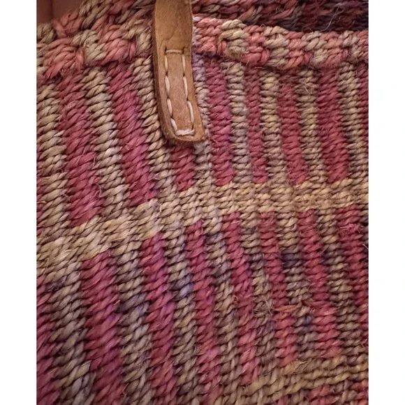 Vintage Woven Sisal Market Tote Bucket Bag Leather Straps Round Striped Boho